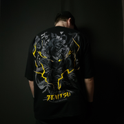 Anime-inspired apparel featuring bold back artwork, worn by a model in a dark studio setting – from a South African anime clothing brand.