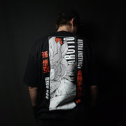 Anime-inspired apparel featuring bold back artwork, worn by a model in a dark studio setting – from a South African anime clothing brand.