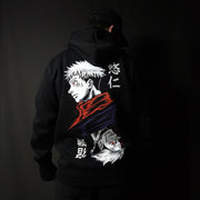 Anime-inspired apparel featuring bold back artwork, worn by a model in a dark studio setting – from a South African anime clothing brand.