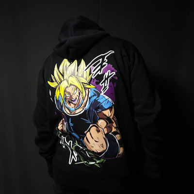 Anime-inspired apparel featuring bold back artwork, worn by a model in a dark studio setting – from a South African anime clothing brand.