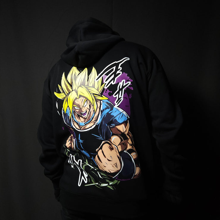 Anime-inspired apparel featuring bold back artwork, worn by a model in a dark studio setting – from a South African anime clothing brand.