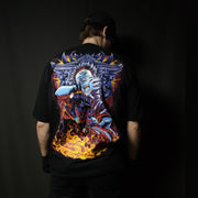 Anime-inspired apparel featuring bold back artwork, worn by a model in a dark studio setting – from a South African anime clothing brand.
