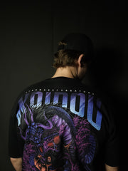 Anime-inspired apparel featuring bold back artwork, worn by a model in a dark studio setting – from a South African anime clothing brand.