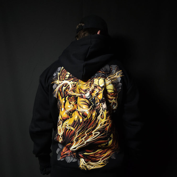 Anime-inspired apparel featuring bold back artwork, worn by a model in a dark studio setting – from a South African anime clothing brand.