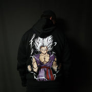 Anime-inspired apparel featuring bold back artwork, worn by a model in a dark studio setting – from a South African anime clothing brand.