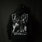 Anime-inspired apparel featuring bold back artwork, worn by a model in a dark studio setting – from a South African anime clothing brand.