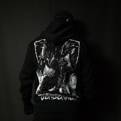 Anime-inspired apparel featuring bold back artwork, worn by a model in a dark studio setting – from a South African anime clothing brand.