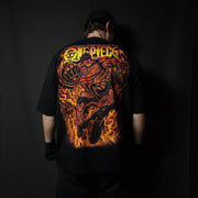 Anime-inspired apparel featuring bold back artwork, worn by a model in a dark studio setting – from a South African anime clothing brand.