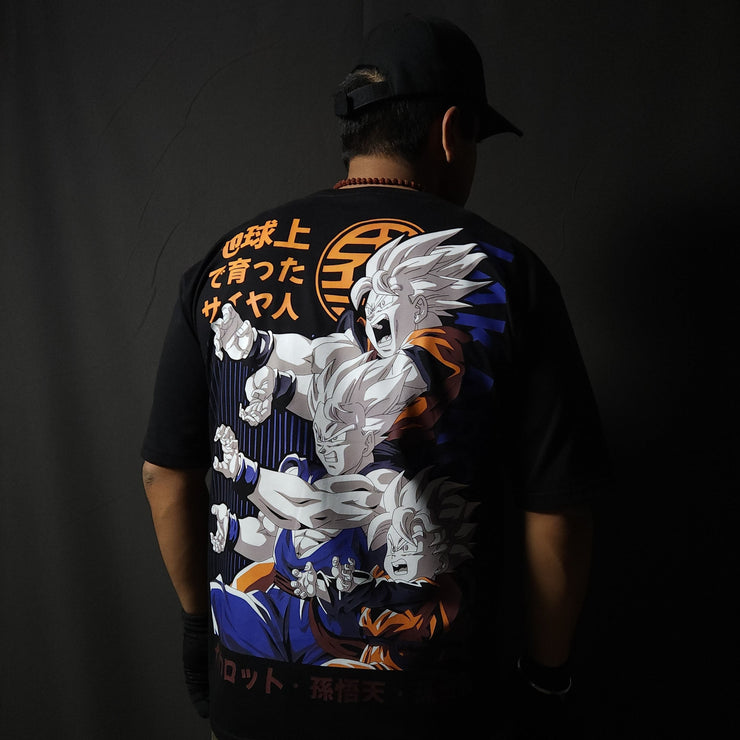 Anime-inspired apparel featuring bold back artwork, worn by a model in a dark studio setting – from a South African anime clothing brand.