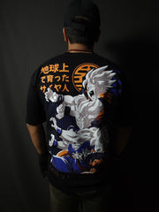 Anime-inspired apparel featuring bold back artwork, worn by a model in a dark studio setting – from a South African anime clothing brand.