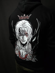 Anime-inspired apparel featuring bold back artwork, worn by a model in a dark studio setting – from a South African anime clothing brand.